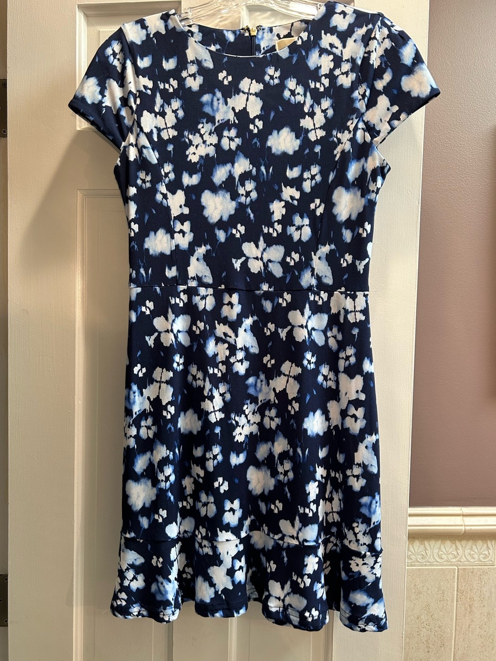 Michael Michael Kors Ikat Poppy Flounce Navy Dress Petite Small